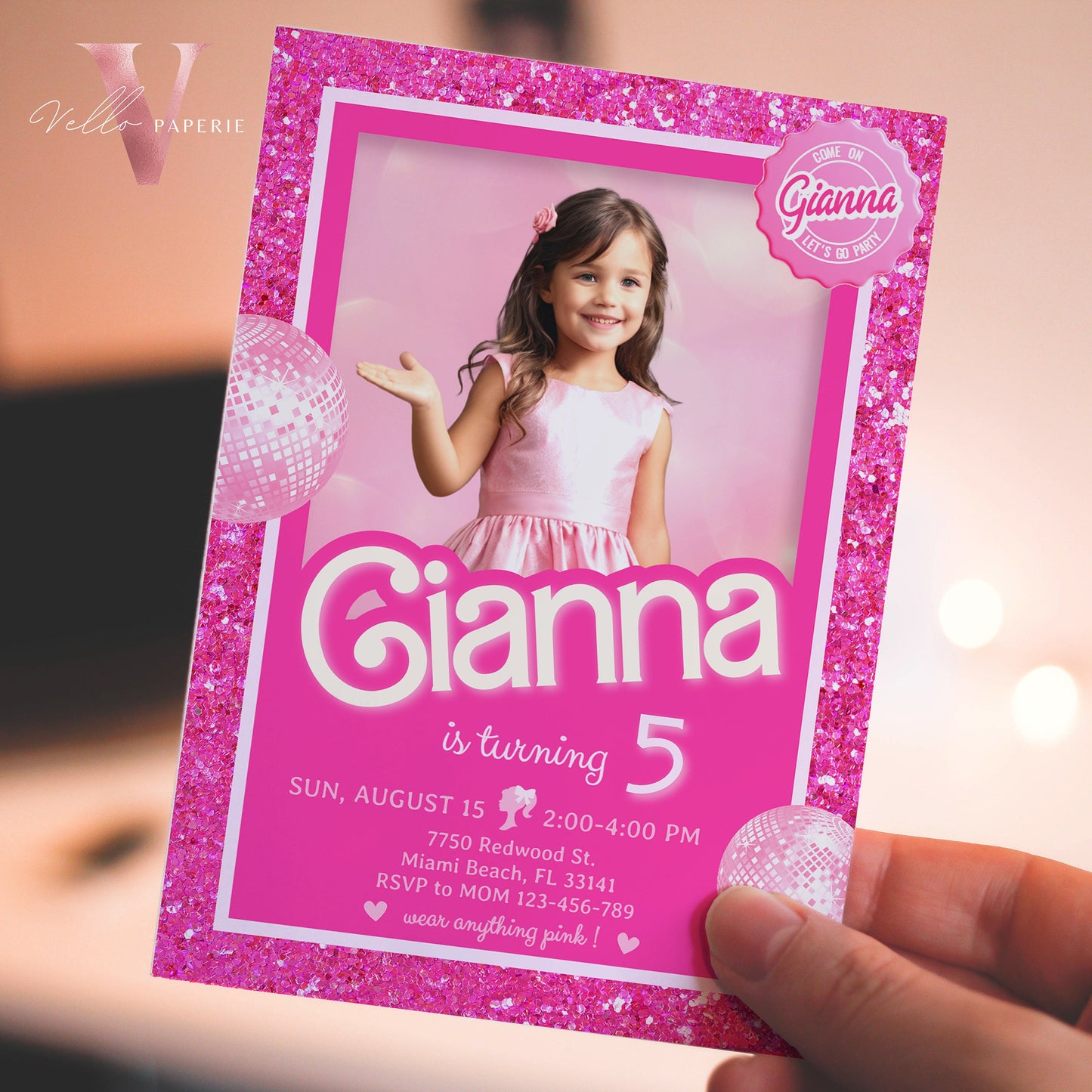 editable printable pink sparkle fashion doll box photo birthday invitation, selfie glam pink doll glitter party invite instant download