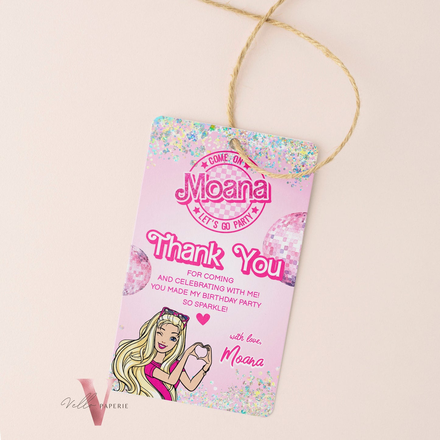 pink disco sparkle fashion doll birthday thankyou card, editable pink doll come on let's go disco party favor tag, gift tag instant download