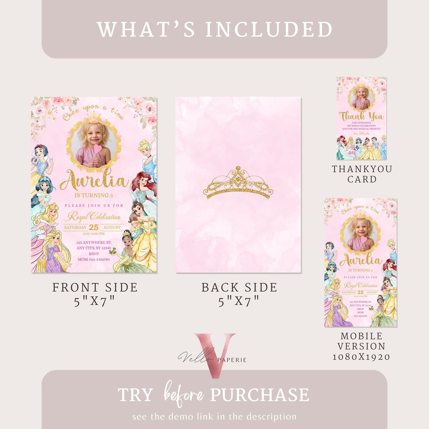 princess birthday photo invitation, once upon a time birthday party girl, pink gold princess watercolor invite editable instant download