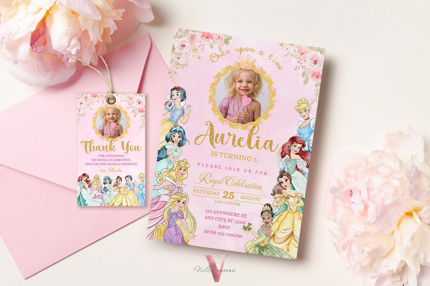 princess birthday photo invitation, once upon a time birthday party girl, pink gold princess watercolor invite editable instant download