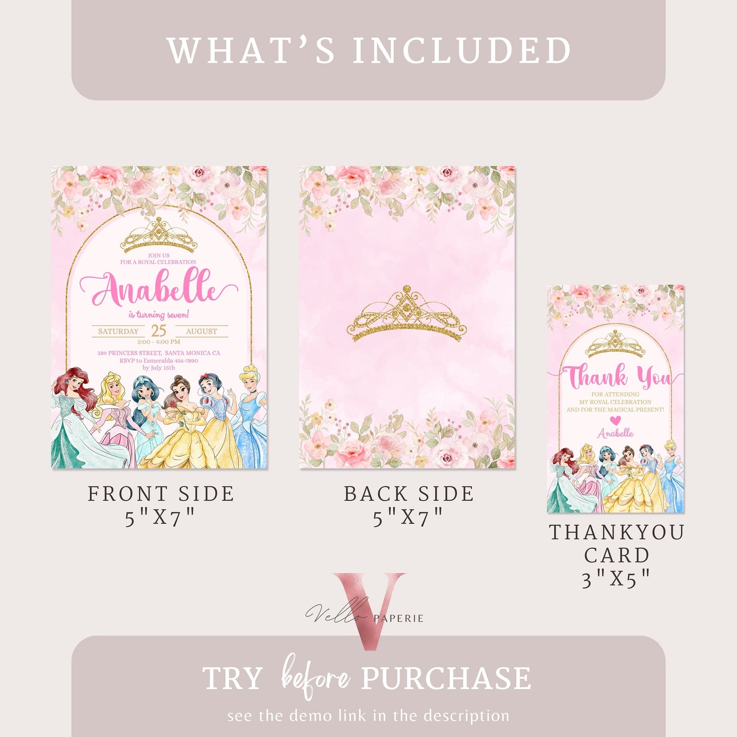 editable printable flower princess birthday invitation, once upon a time invite girl, princess character watercolor invite instant download