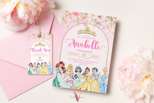 editable printable flower princess birthday invitation, once upon a time invite girl, princess character watercolor invite instant download