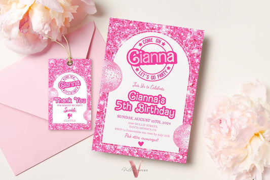 editable pink sparkle fashion doll birthday invitation, pink doll come on let's go party invite instant digital download