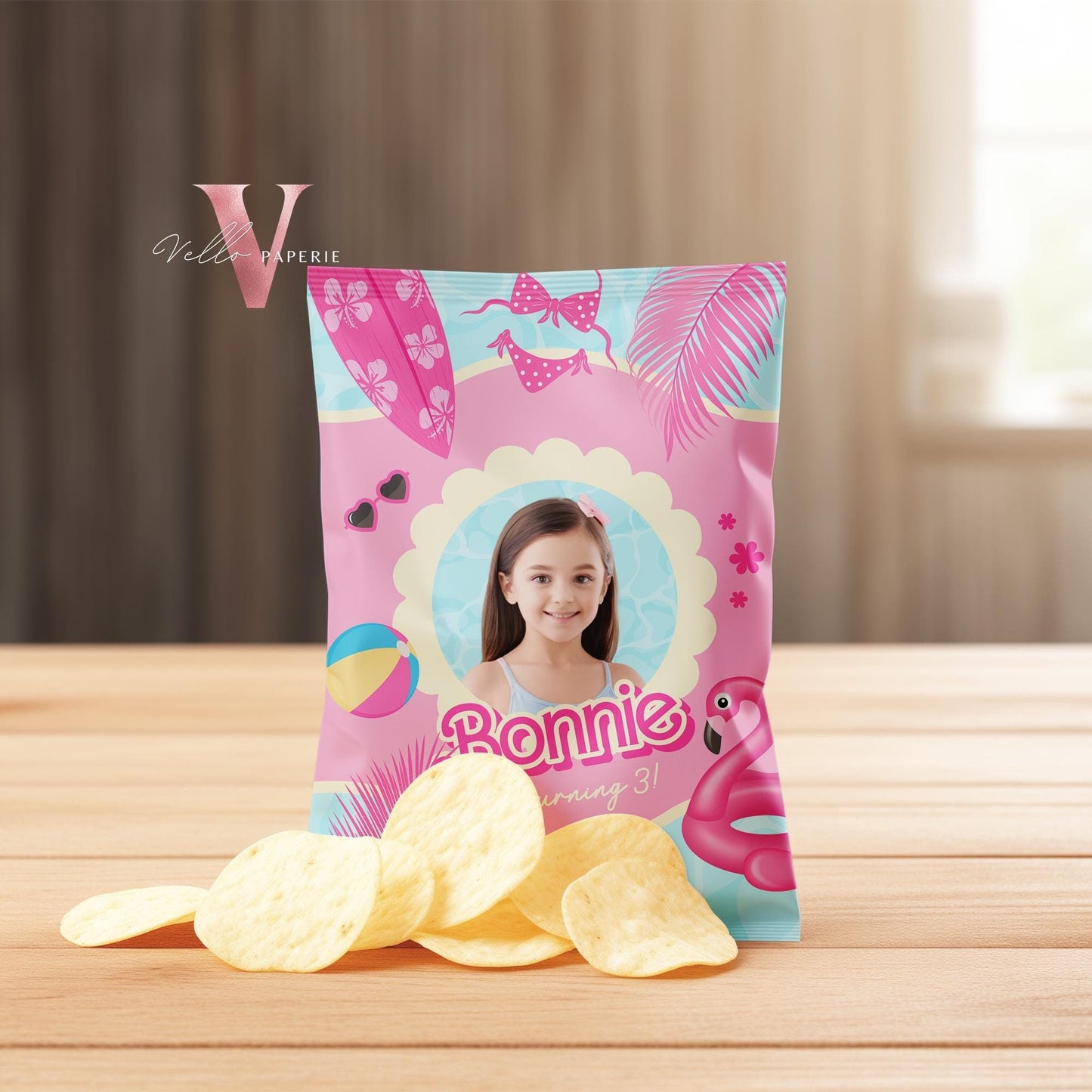 Photo Pink Doll Pool Birthday Party Favors | Malibu Pool Party Decor | Pink Blue Pool Malibu Chips Bag Snack Bag  PDP01