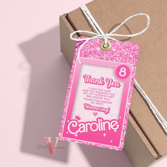 Pink Sparkle Fashion Doll Birthday Thankyou Card, Pink Doll Glitter Come On Lets Go Pink Party Favors, Gift Tag Card Instant Template