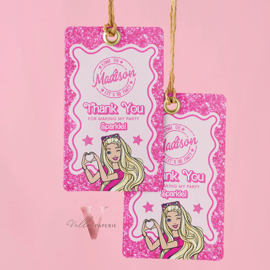 Wave Pink Sparkle Fashion Doll Birthday Thankyou Card, Cartoon Pink Doll Glitter Come On Lets Go Pink Party Favor, Gift Tag Instant Template