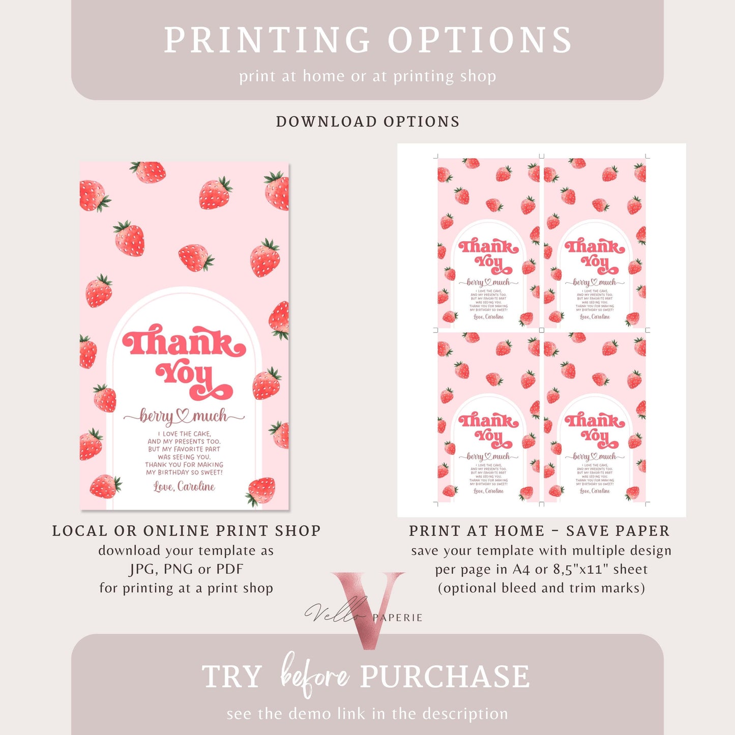 Berry First  Birthday Party Thankyou Card | Strawberry One Kid Party Favor Tag Instant Template | Berry Pink Pastel Gift Card Tag