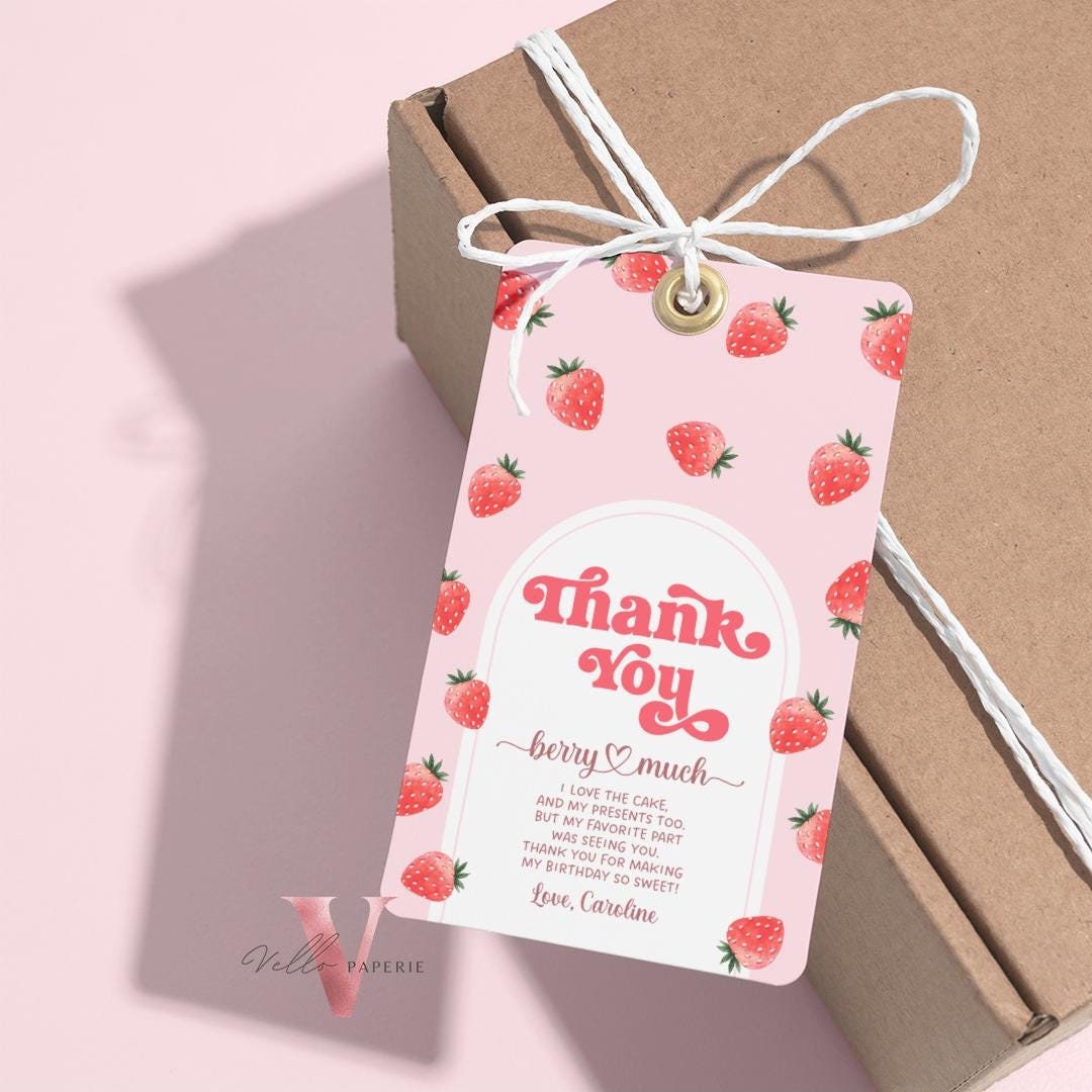 Berry First  Birthday Party Thankyou Card | Strawberry One Kid Party Favor Tag Instant Template | Berry Pink Pastel Gift Card Tag