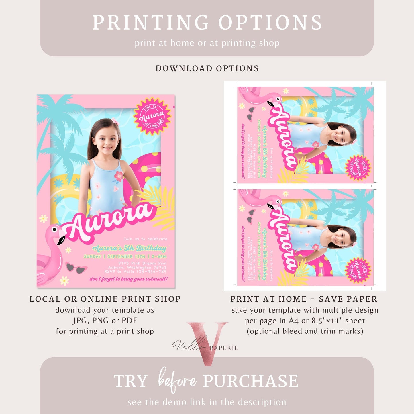 Self Edit Photo Pink Doll Pool Birthday Invitation | Editable Printable Malibu Pool Party Invite | Pink Blue Malibu Come On Lets Go Party