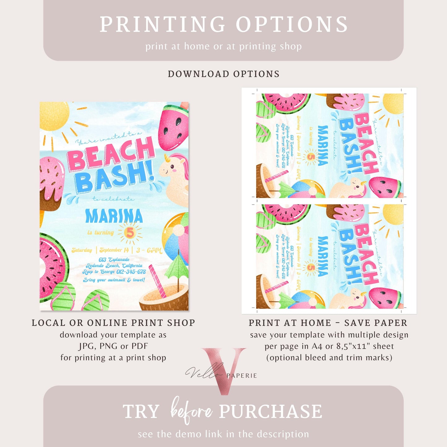 Fresh Beach Bash Birthday Party Invitation | Watercolor Summer Beach Party Invite | Vibrant Fun Beach Party Invite Teen Birthday Bash