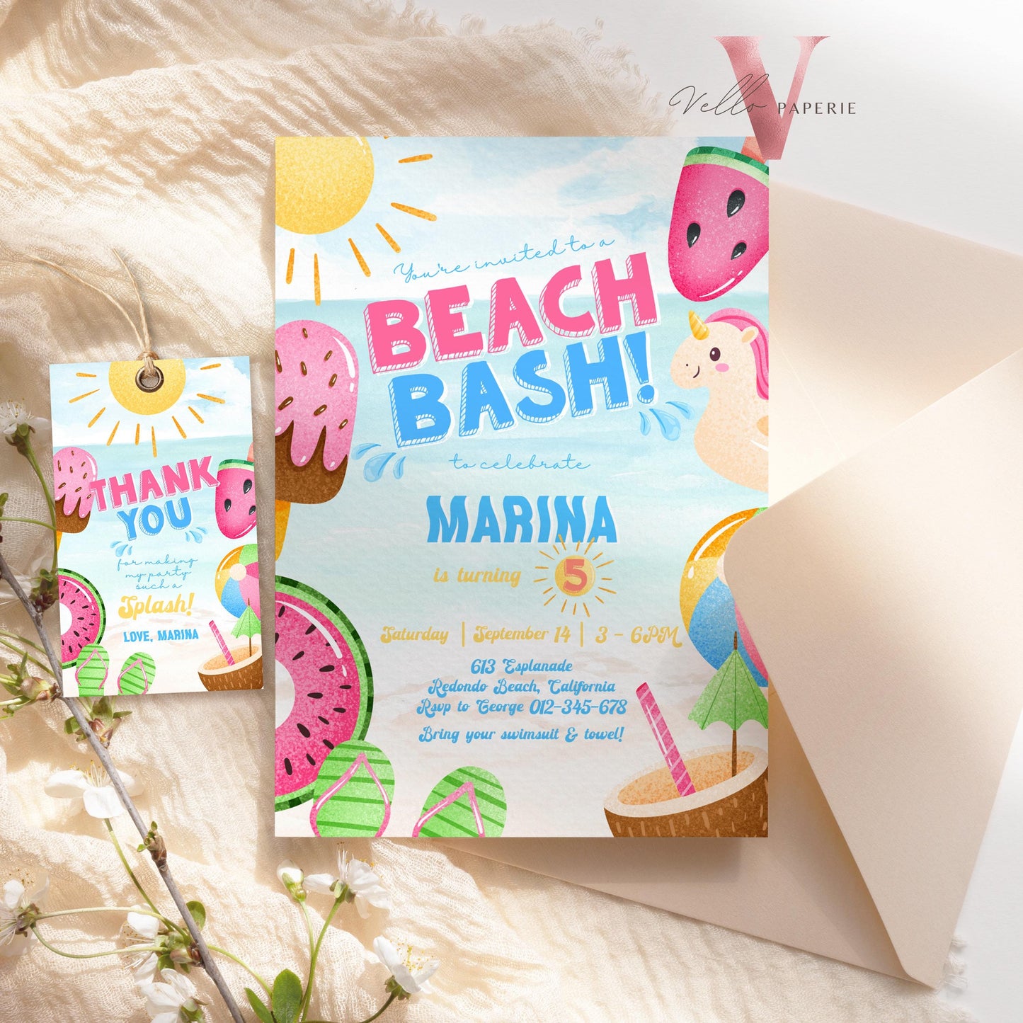 Fresh Beach Bash Birthday Party Invitation | Watercolor Summer Beach Party Invite | Vibrant Fun Beach Party Invite Teen Birthday Bash