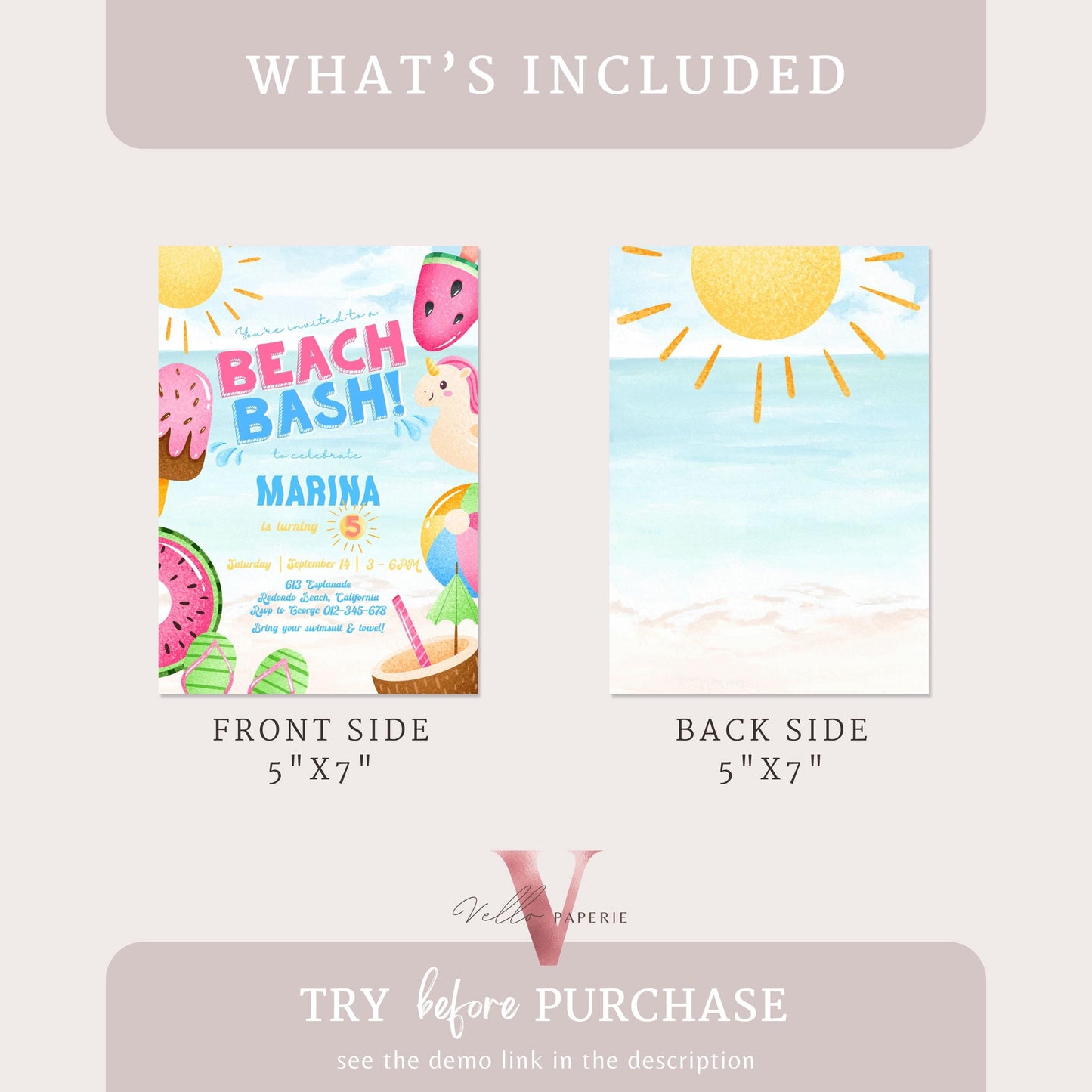 Fresh Beach Bash Birthday Party Invitation | Watercolor Summer Beach Party Invite | Vibrant Fun Beach Party Invite Teen Birthday Bash