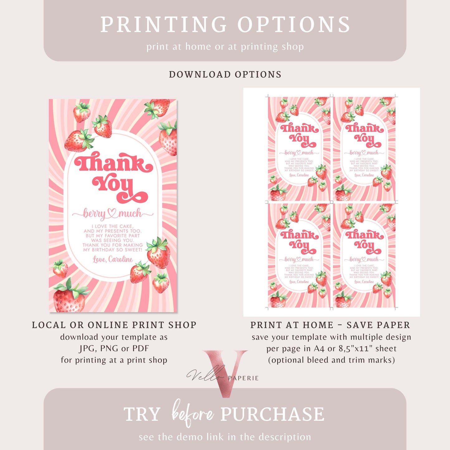 Berry First  Birthday Party Thankyou Card | Strawberry One Kid Party Favor Tag Instant Template | Berry Pink Pastel Gift Card Tag