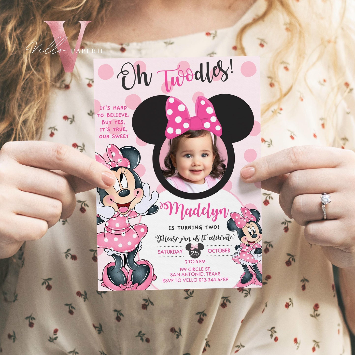 Photo Oh TWOdles Minnie Mouse Birthday Invitation | Cute Light Pink Polka Dot Invite | 2 Years Old Girl Second Birthday Instant Template