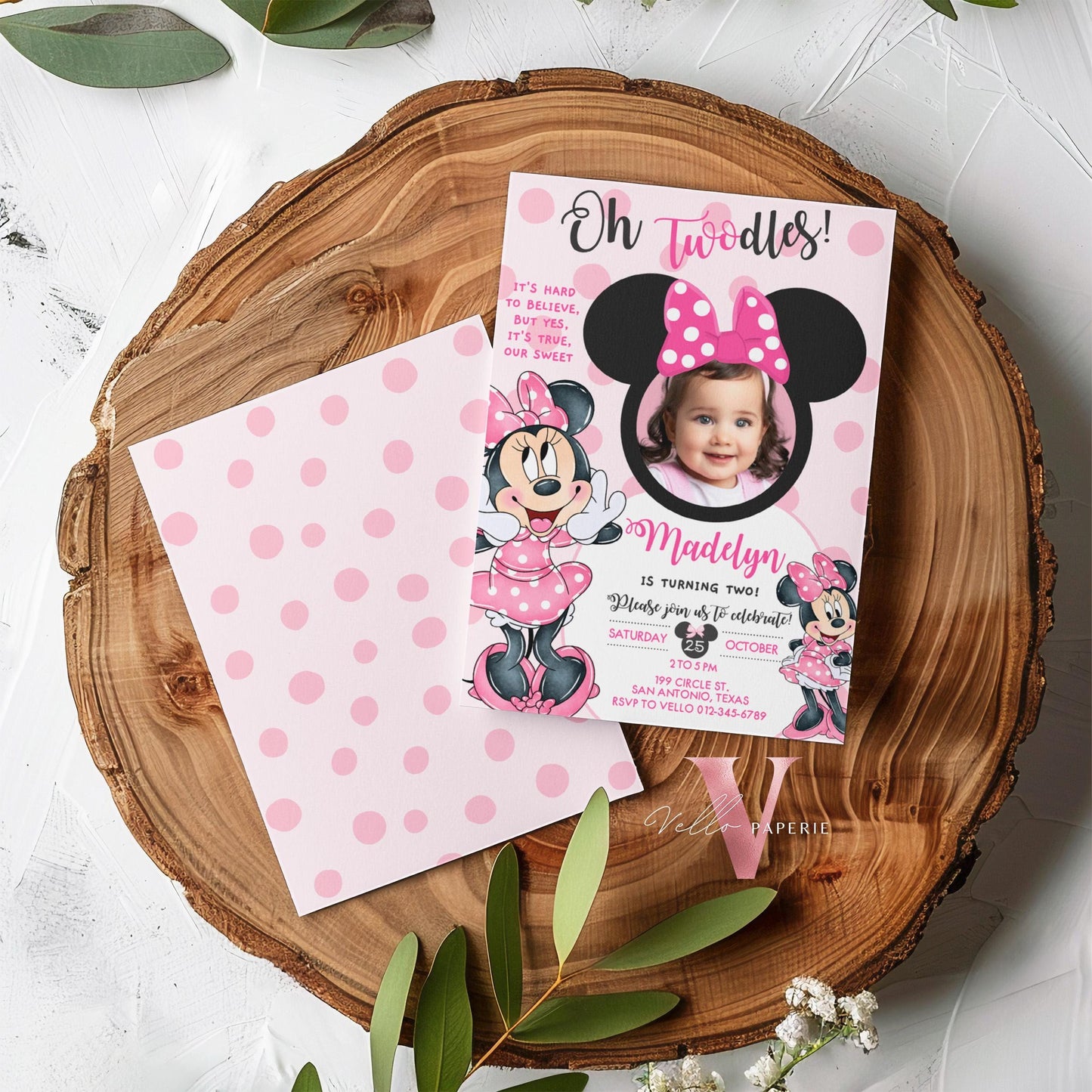 Photo Oh TWOdles Minnie Mouse Birthday Invitation | Cute Light Pink Polka Dot Invite | 2 Years Old Girl Second Birthday Instant Template