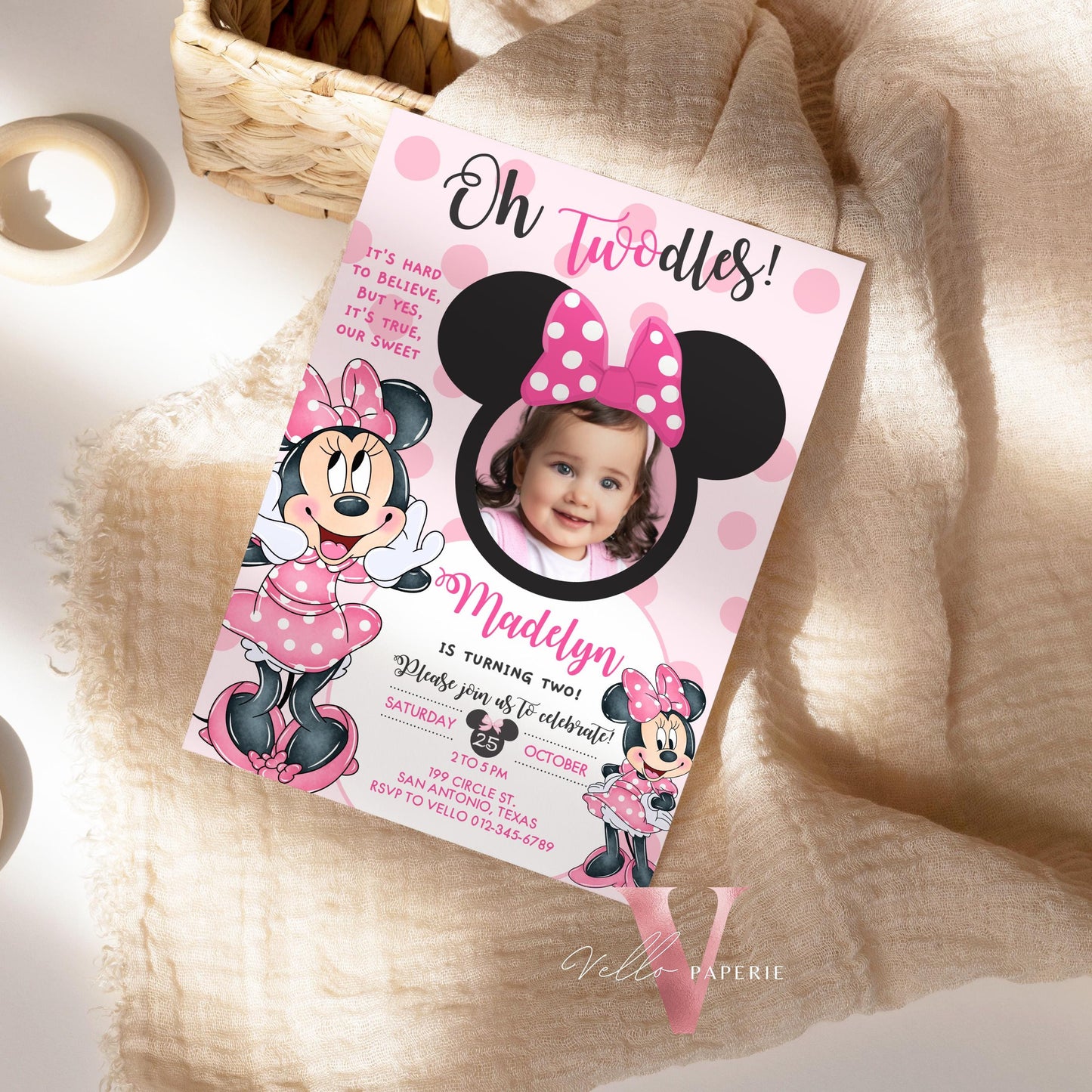 Photo Oh TWOdles Minnie Mouse Birthday Invitation | Cute Light Pink Polka Dot Invite | 2 Years Old Girl Second Birthday Instant Template