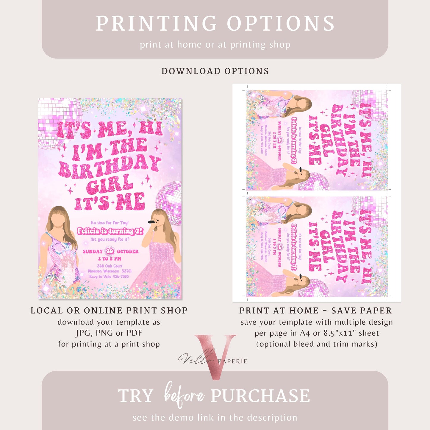 Swifti Par-Tay Birthday Party Invitation | Purple Sparkle Taylor Eras Music Party Invite | It's Me Hi, In my birthday era Instant Template