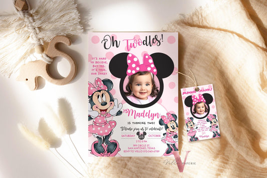 Photo Oh TWOdles Minnie Mouse Birthday Invitation | Cute Light Pink Polka Dot Invite | 2 Years Old Girl Second Birthday Instant Template