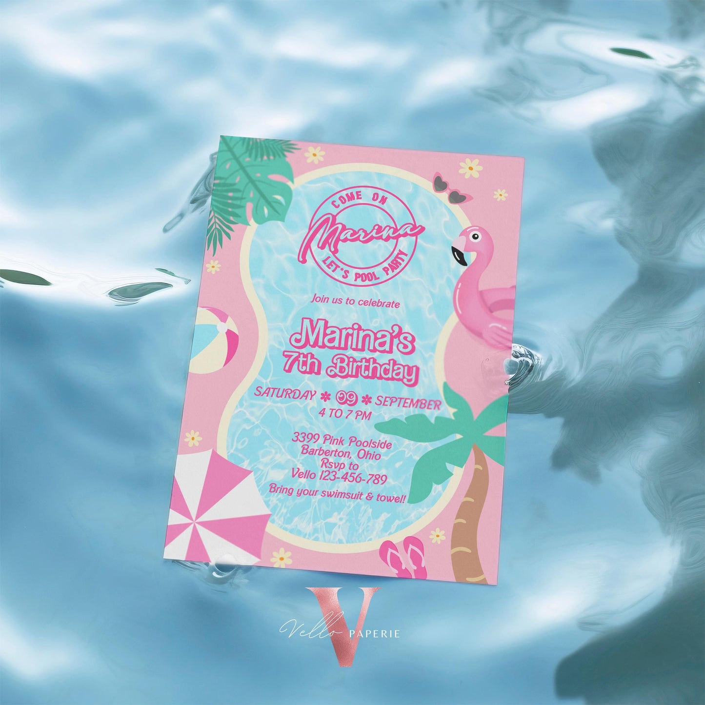 Pink Doll Pool Birthday Invitation | Editable Yourseld Malibu Pool Party Invite | Pink Blue Malibu Come On Lets Go Party Instant Template