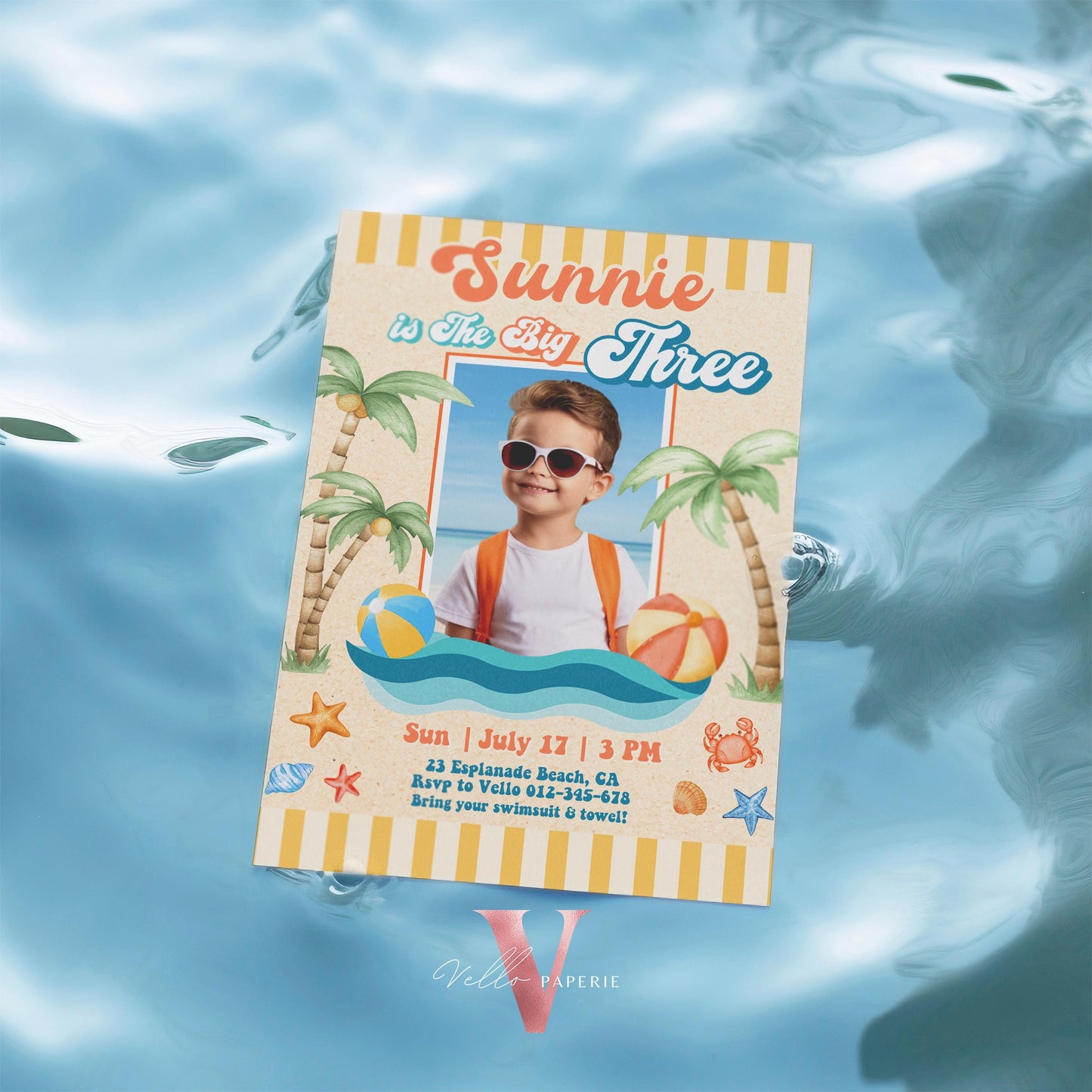 Photo Summer Boy ANY AGE Birthday Birthday Invitation | Edit Youself Malibu Beach Party Invite | Orange Blue Beach Party Instant Template