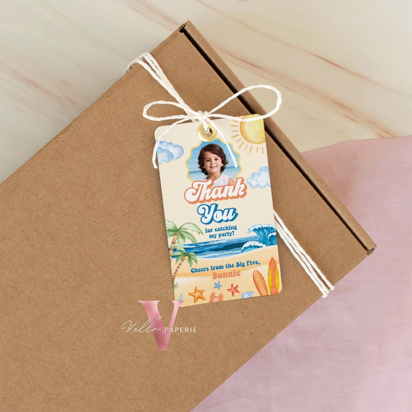 Photo Summer ANY AGE Boy Birthday Birthday Thankyou Card | Malibu Beach Party Favor Tag | Orange Blue Beach Party Gift Tag