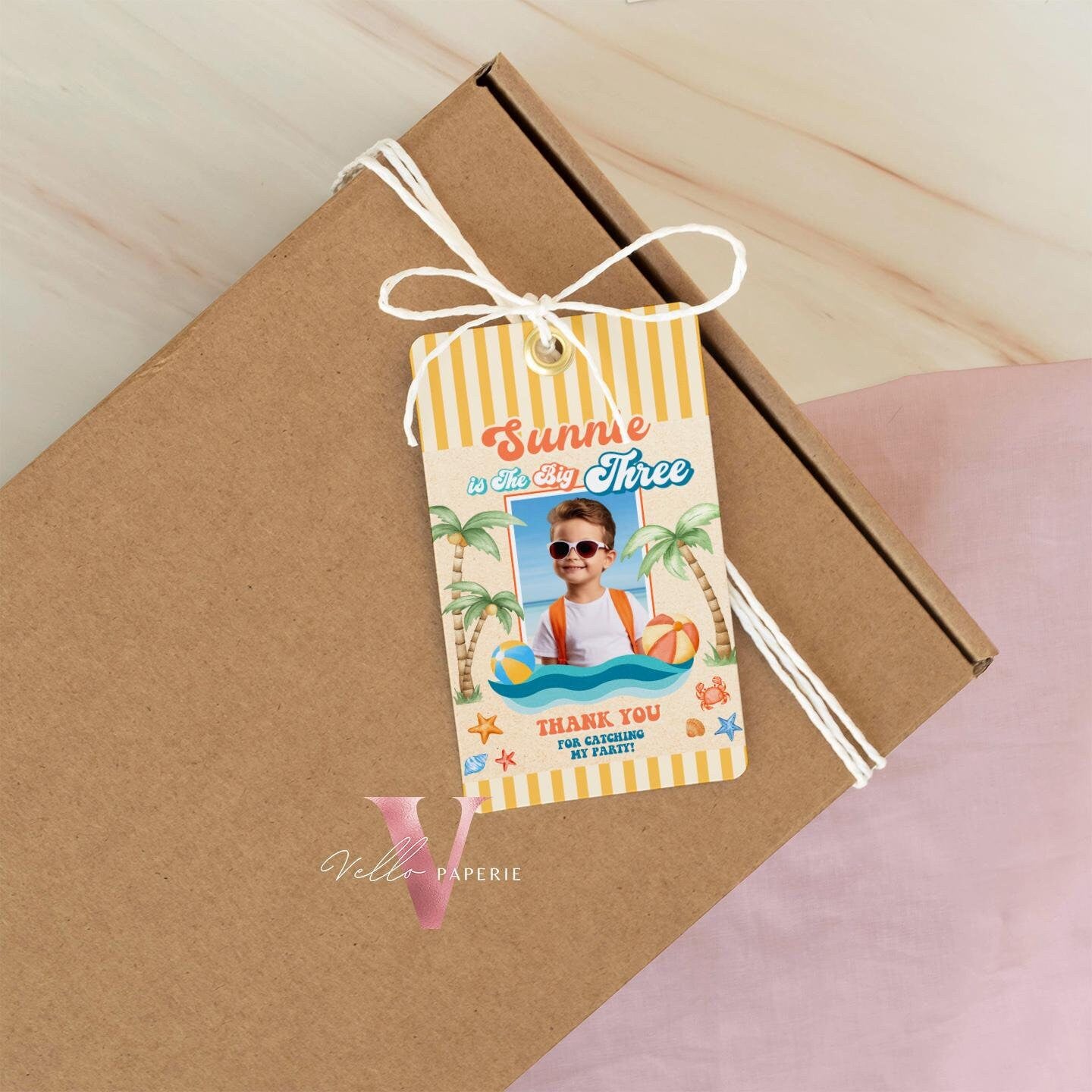 Photo Summer ANY AGE Boy Birthday Birthday Thankyou Card | Malibu Beach Party Favor Tag | Orange Blue Beach Party Gift Tag