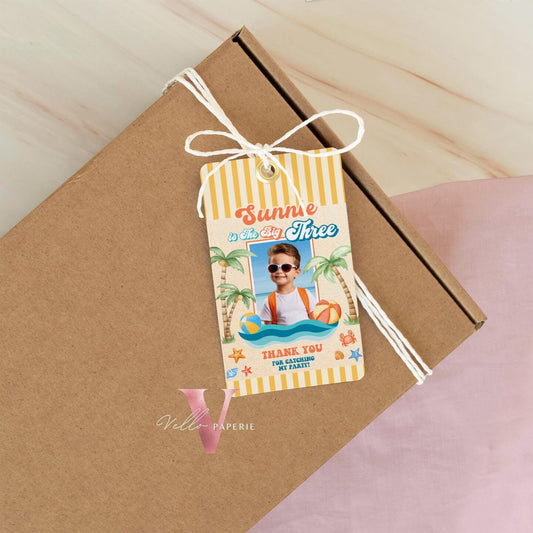 Photo Summer ANY AGE Boy Birthday Birthday Thankyou Card | Malibu Beach Party Favor Tag | Orange Blue Beach Party Gift Tag