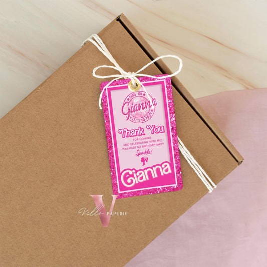 editable pink sparkle fashion doll box birthday thankyou card, pink doll come on let's go disco party favor tag, gift tag instant download