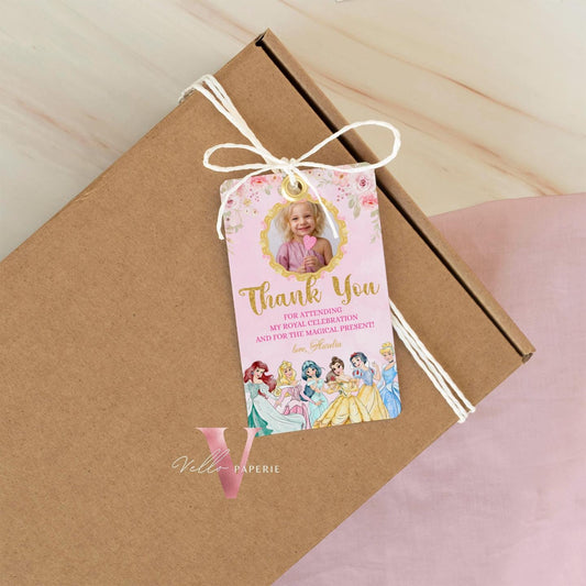 princess birthday photo thankyou card, once upon a time birthday party girl party favor, pink gold princess watercolor favor tag, gift tag