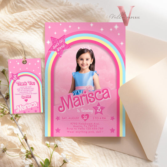 Pink Rainbow Fashion Doll Box Photo Birthday Invitation, Editable Selfie Rainbow Glam Pink Doll Party Invite Instant Template