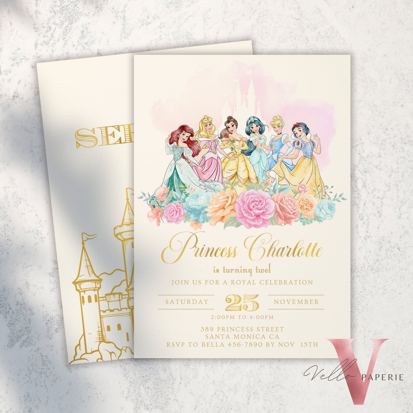 editable princess birthday invitation, once upon a time birthday party girl, beige gold princess watercolor invite instant download PB01