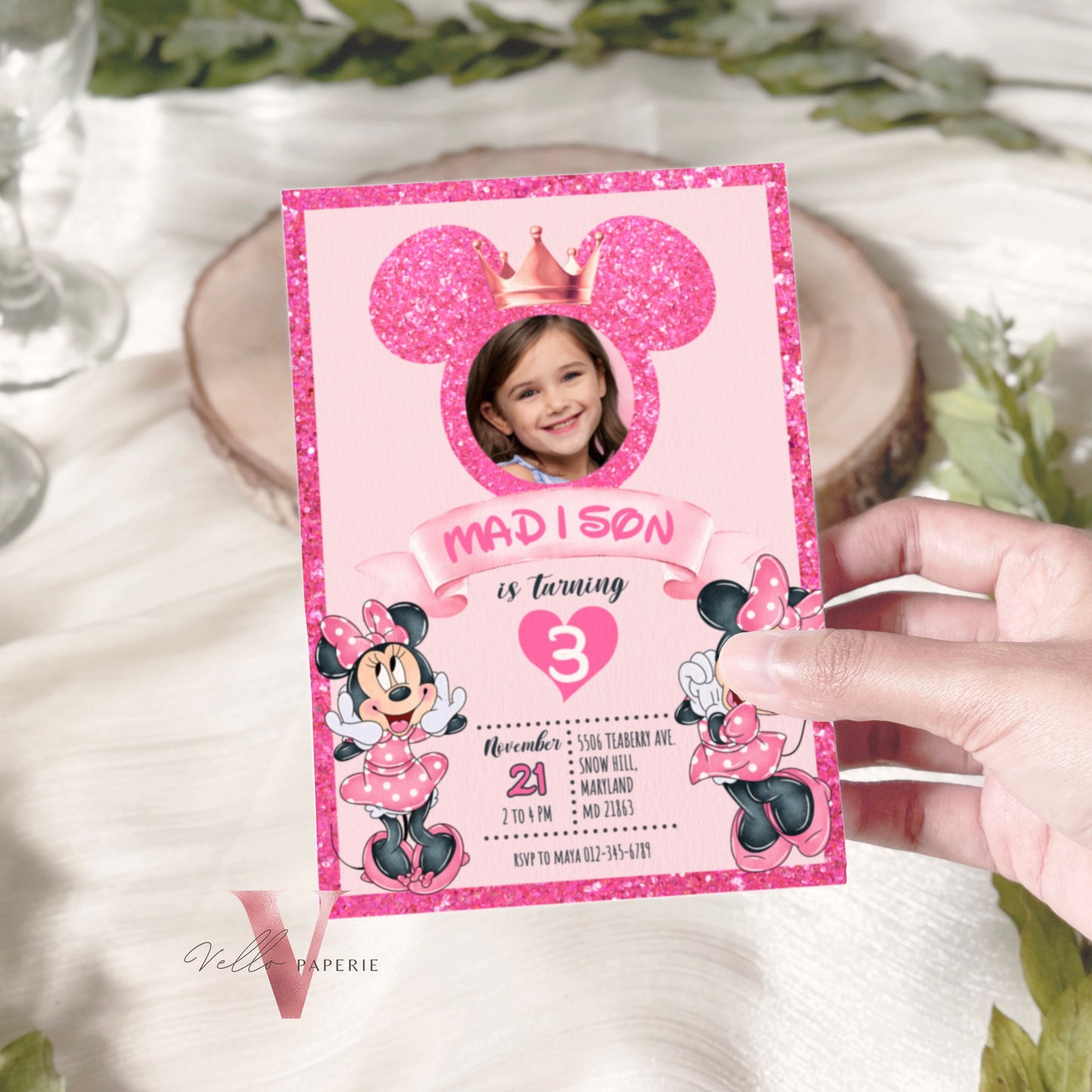 Photo Pink Minnie Birthday Invitation | Editable Printable Glitter Minnie Birthday Girl Party Invite with Photo Instant Digital Download