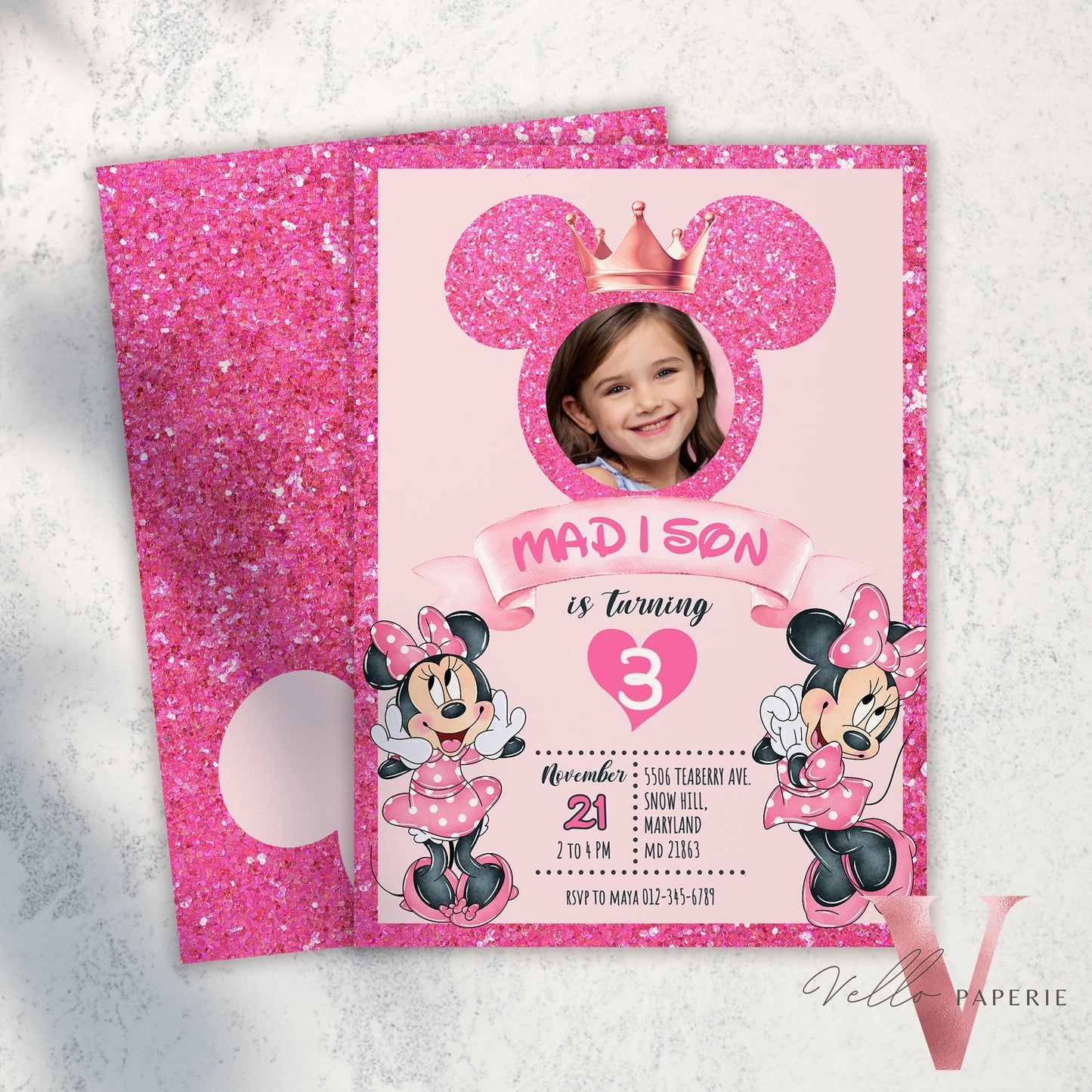 Photo Pink Minnie Birthday Invitation | Editable Printable Glitter Minnie Birthday Girl Party Invite with Photo Instant Digital Download