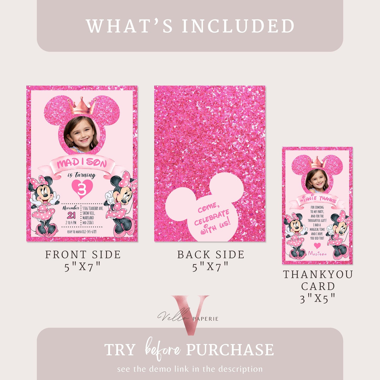 Photo Pink Minnie Birthday Invitation | Editable Printable Glitter Minnie Birthday Girl Party Invite with Photo Instant Digital Download