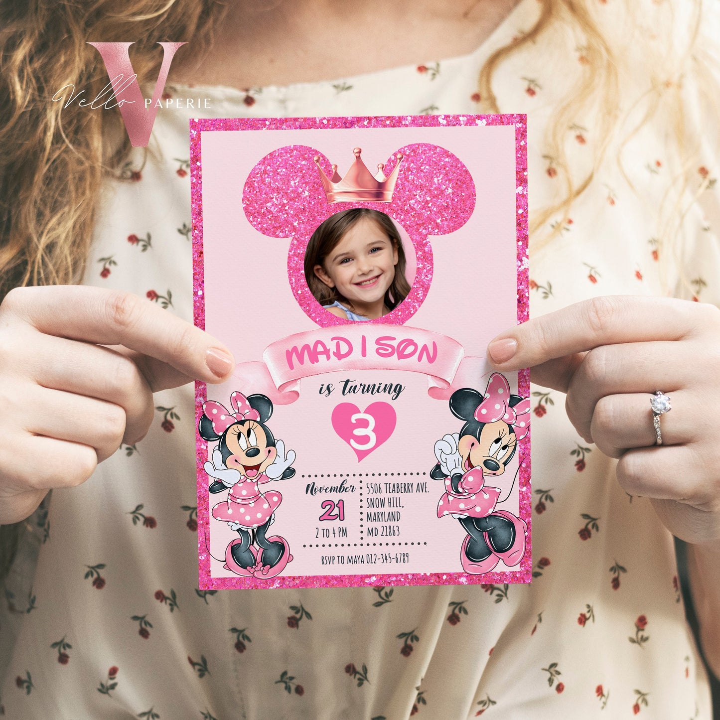 Photo Pink Minnie Birthday Invitation | Editable Printable Glitter Minnie Birthday Girl Party Invite with Photo Instant Digital Download