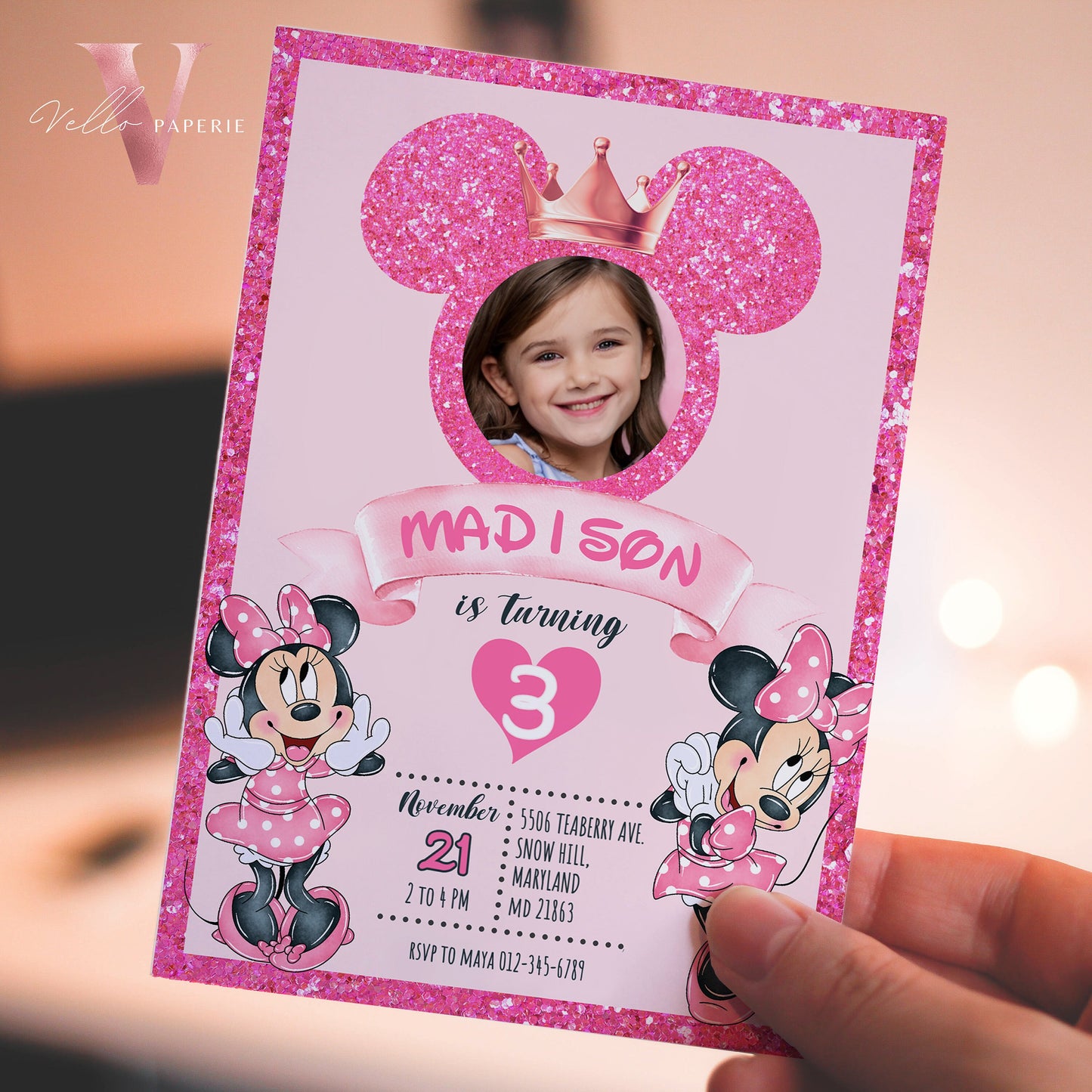 Photo Pink Minnie Birthday Invitation | Editable Printable Glitter Minnie Birthday Girl Party Invite with Photo Instant Digital Download