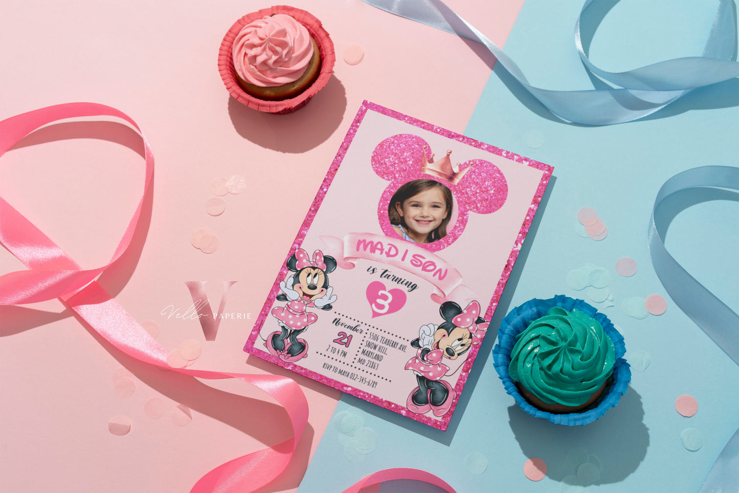 Photo Pink Minnie Birthday Invitation | Editable Printable Glitter Minnie Birthday Girl Party Invite with Photo Instant Digital Download