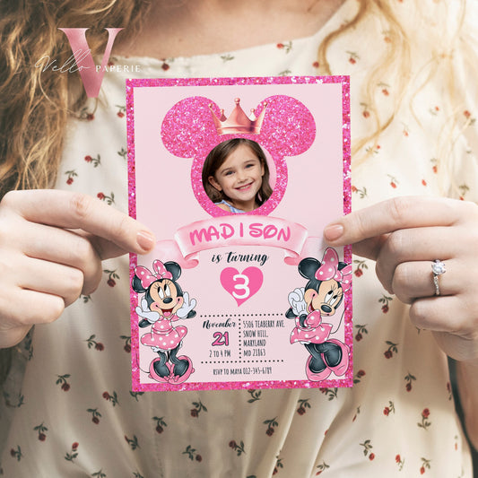 Photo Pink Minnie Birthday Invitation | Editable Printable Glitter Minnie Birthday Girl Party Invite with Photo Instant Template MMB03