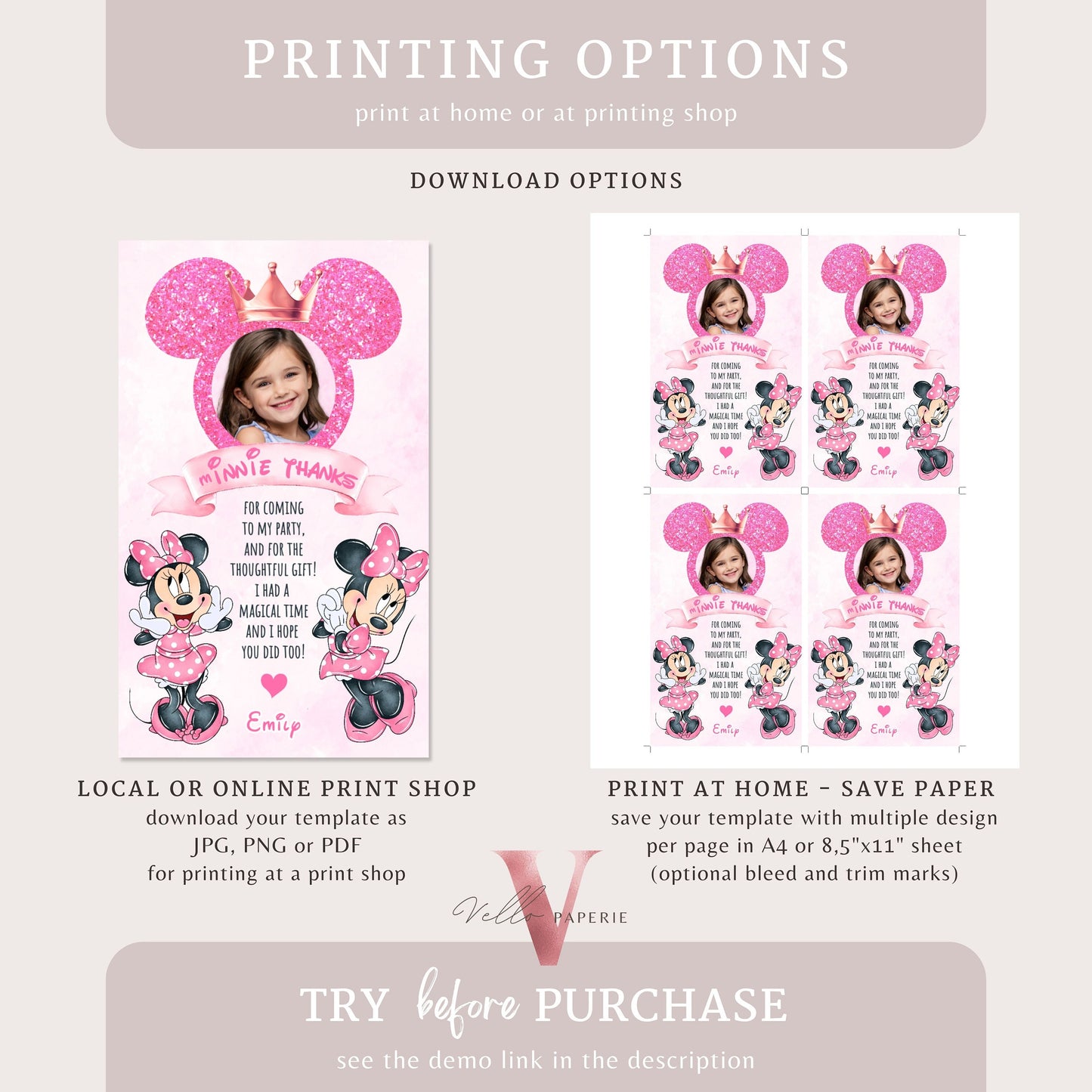 Photo Pink Minnie Birthday Thankyou Card | Editable Printable Selfie Glitter Minnie Birthday Party Favor Tag | Gift Tag Instant Download