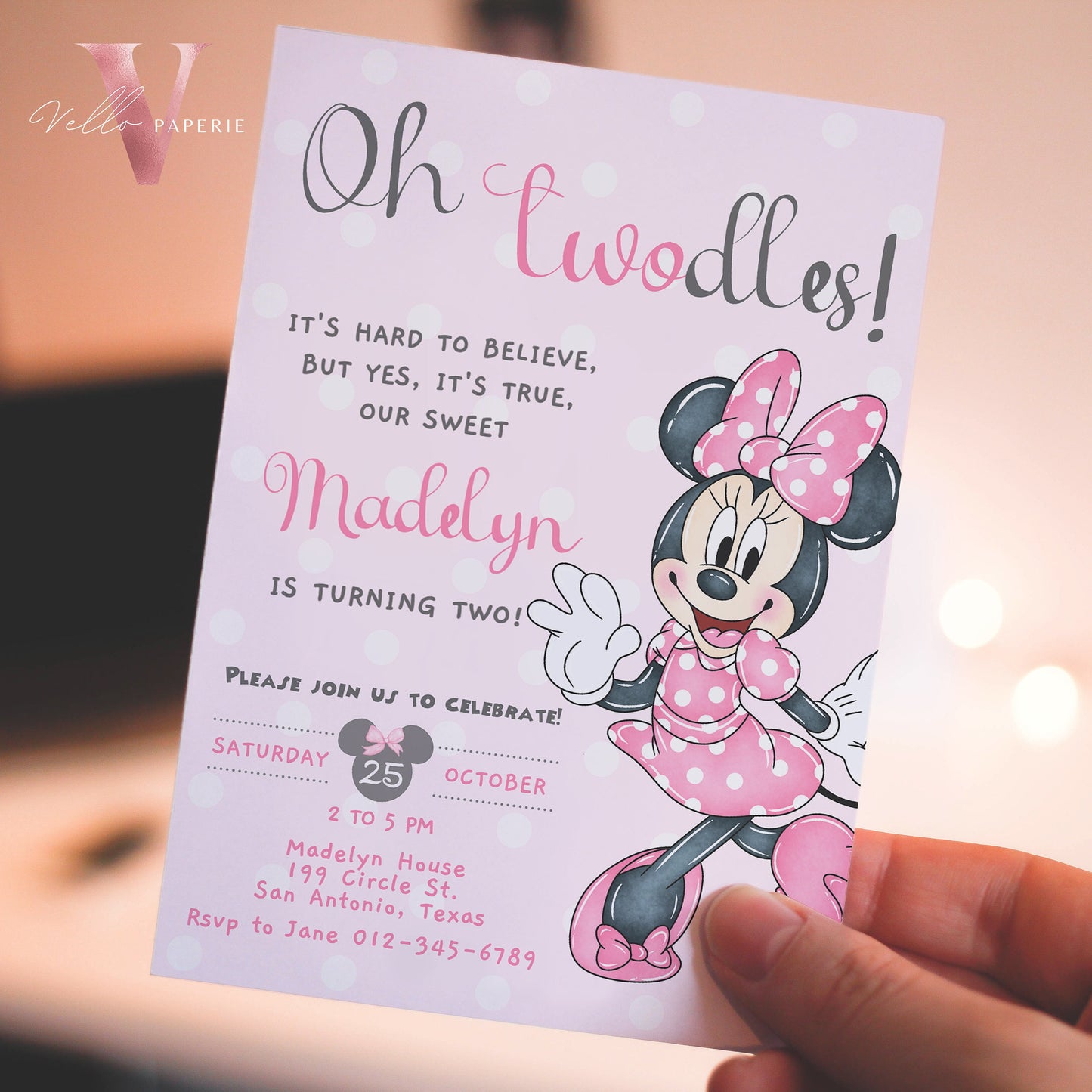 Oh Twodles Minnie Birthday Invitation | Editable Printable Watercolor Minnie Birthday Party Invite | Pink Minnie Twodles Instant Download