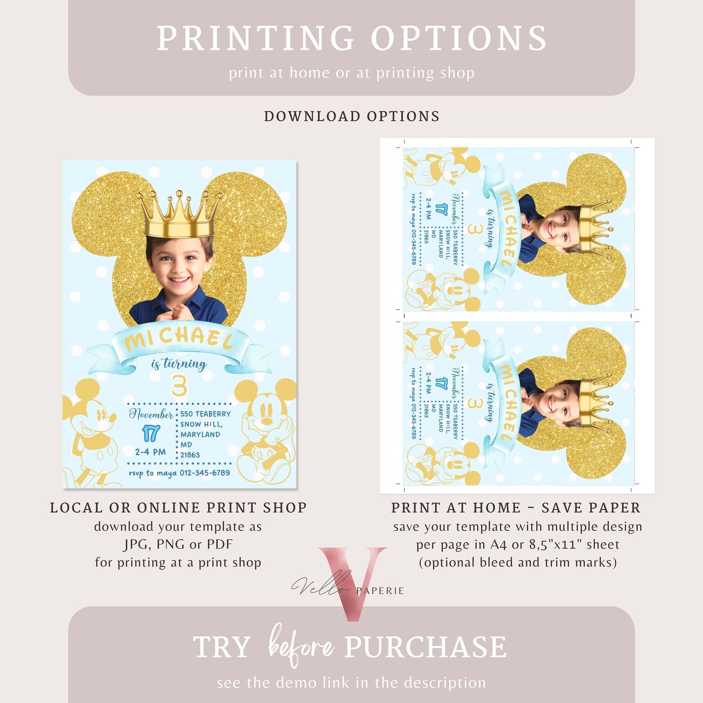 Photo Gold Glitter Royal Mickey Birthday Invitation | Editable Printable Blue Gold Mickey Birthday Party Invite with Photo Instant Download