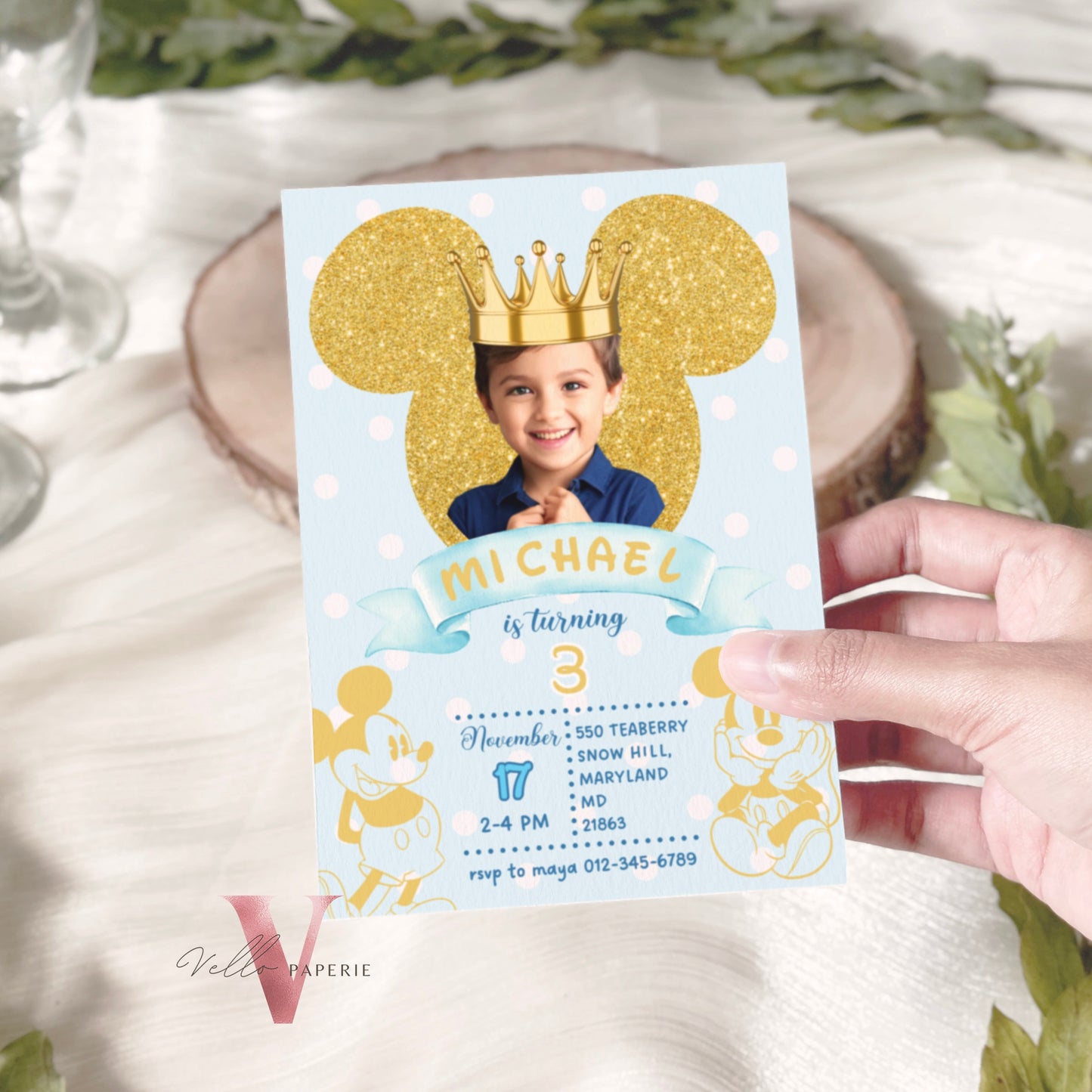 Photo Gold Glitter Royal Mickey Birthday Invitation | Editable Printable Blue Gold Mickey Birthday Party Invite with Photo Instant Download