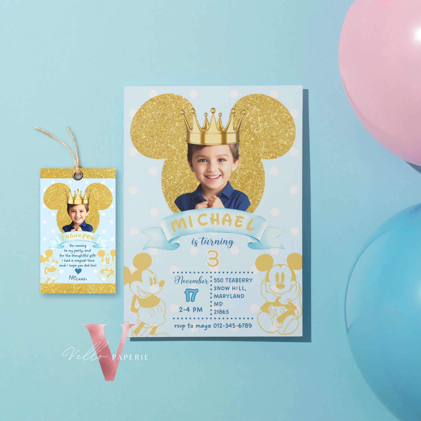 Photo Gold Glitter Royal Mickey Birthday Invitation | Editable Printable Blue Gold Mickey Birthday Party Invite with Photo Instant Download