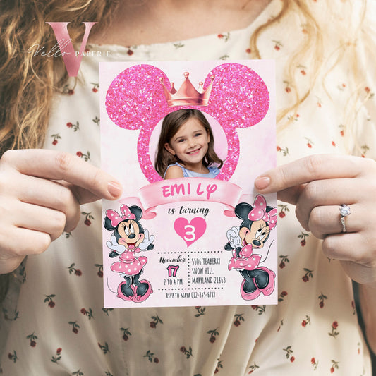 Photo Pink Minnie Birthday Invitation | Editable Printable Glitter Minnie Birthday Girl Party Invite with Photo Instant Template  MMB03