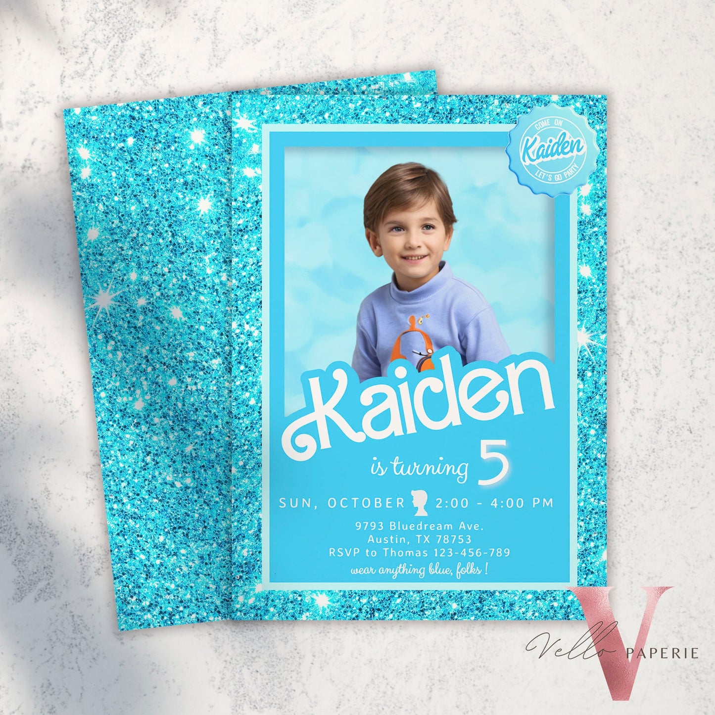 Blue Boy Doll Birthday Invitation with photo | Editable Printable Glitter Blue Doll Box Birthday Party Invite Instant Download