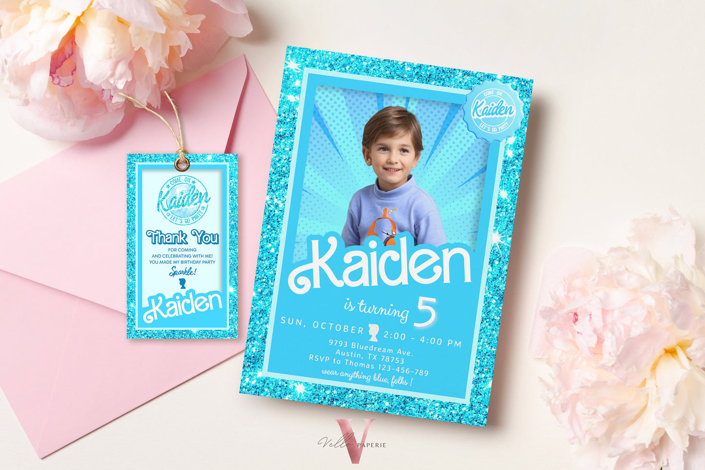 Blue Boy Doll Birthday Invitation with photo | Editable Printable Glitter Blue Doll Box Birthday Party Invite Instant Download