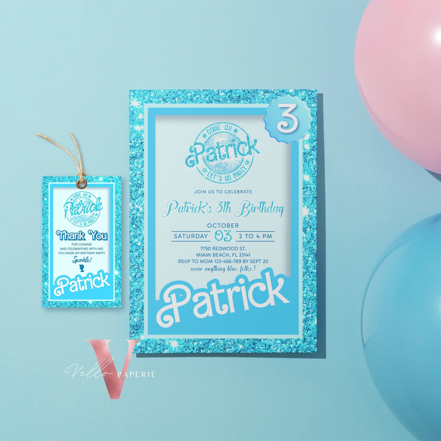 Blue Boy Doll Birthday Invitation Bundle | Editable Printable Glitter Blue Doll Box Birthday Party Invite | Blue Boy Party Instant Download