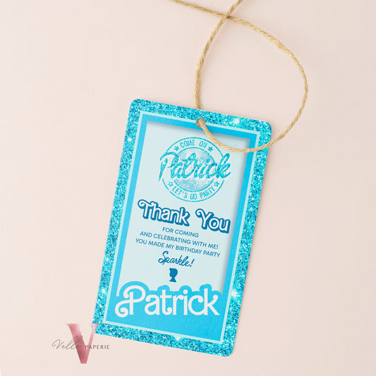 Blue Boy Doll Birthday Thankyou Card | Editable Printable Glitter Blue Doll Box Party Favor Tag | Gift Tag Instant Download