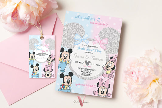 Minnie Mickey Baby Shower Invitation | Editable Printable Blue Pink Baby Shower Party Invite | Mouseketeer Gender Reveal Party Invite MBS01