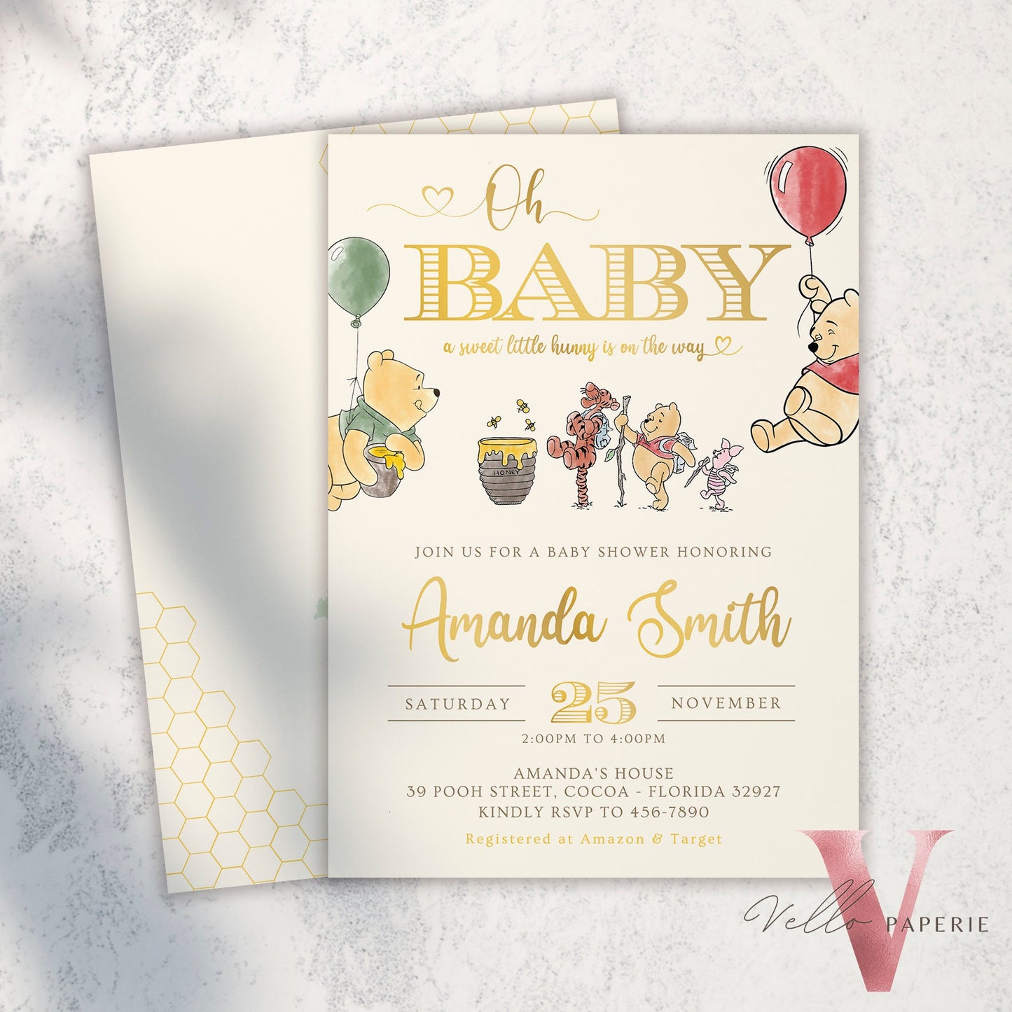 Winnie the Pooh Baby Shower Invitation | Editable Printable Beige Gold Pooh Baby Shower Party Invite | Honey Bee Gender Reveal Party Invite